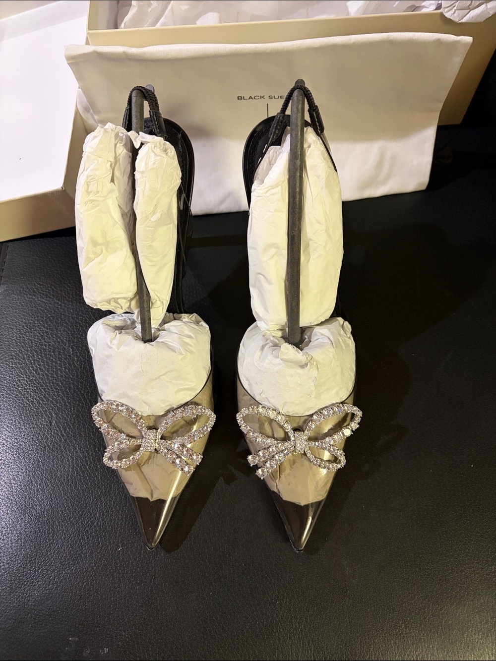 Pointed Toe Slingback Heels with Crystal Bow - Metallic Silver